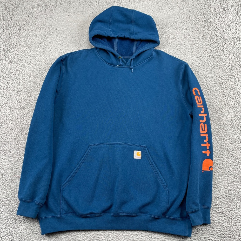 Carhartt Hoodie Mens XL Blue Signature Logo Sleeve Pullover K288 Original Fit